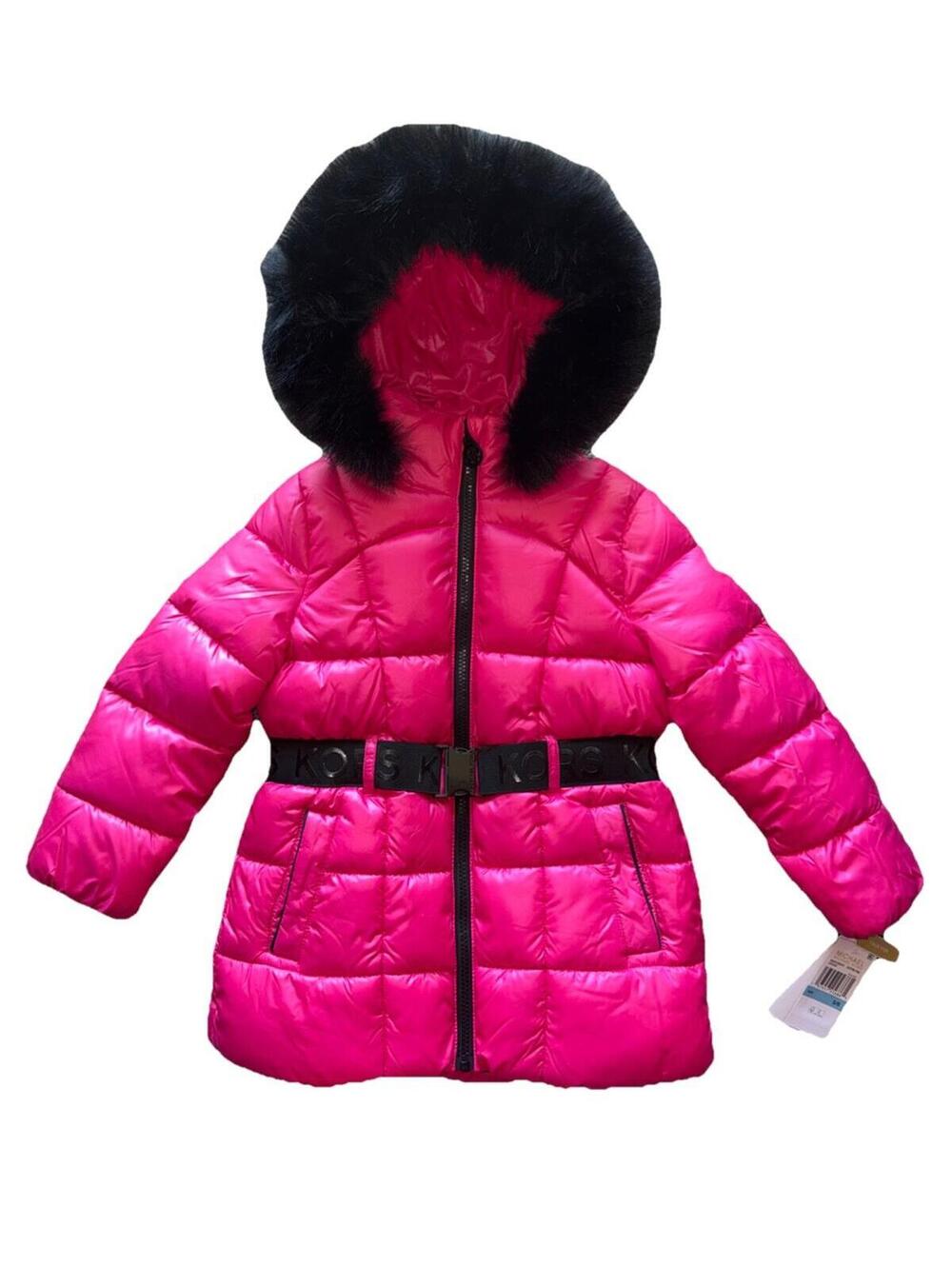 Michael Kors Girls Pink Puffer Jacket Faux Fur Hood Belted Winter Coat Size 5/6